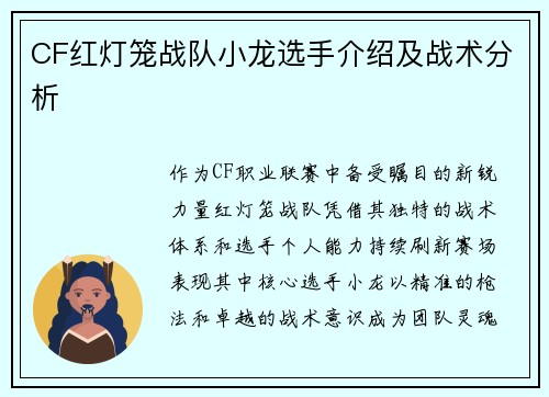 CF红灯笼战队小龙选手介绍及战术分析