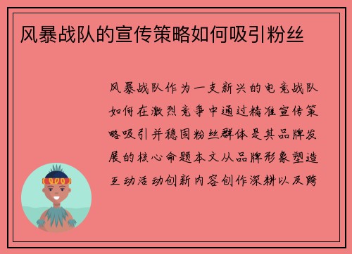 风暴战队的宣传策略如何吸引粉丝