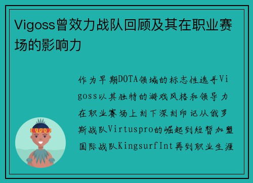 Vigoss曾效力战队回顾及其在职业赛场的影响力