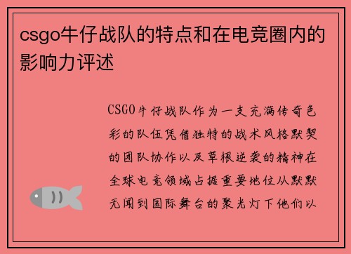 csgo牛仔战队的特点和在电竞圈内的影响力评述